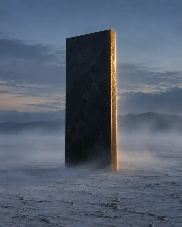 A dark stone monolith standing on a pale salt flat at dusk, lit along one edge by warm light.