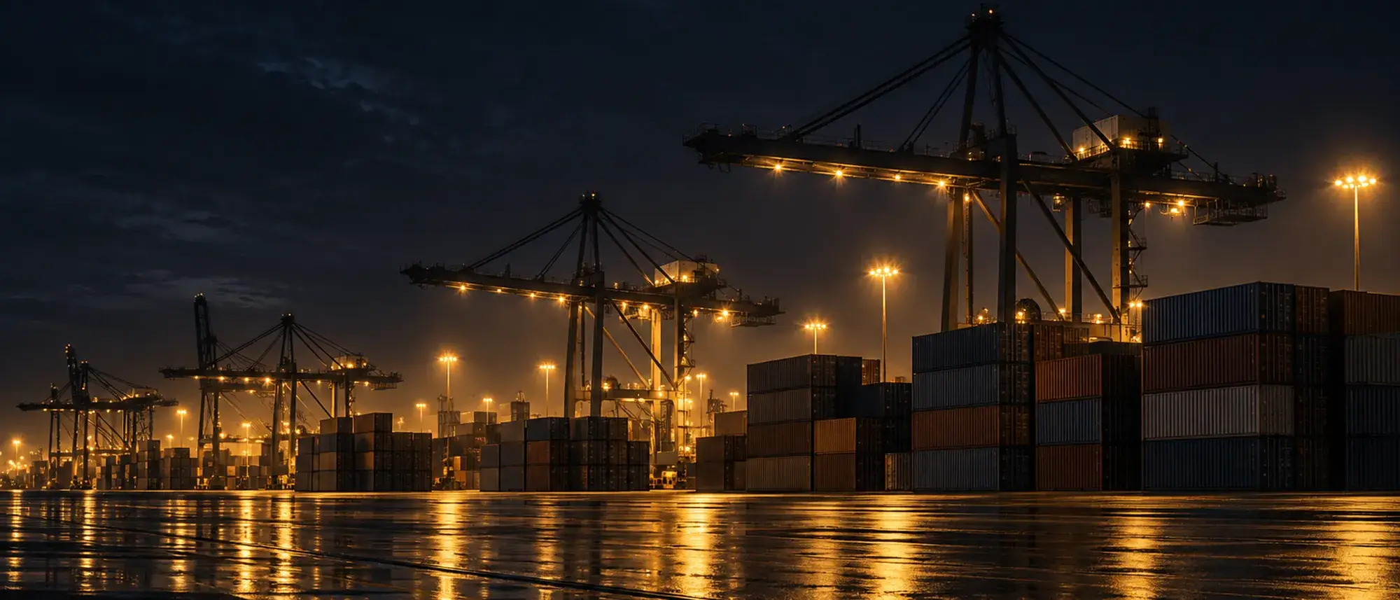 A container terminal at night, with crane silhouettes and warm light reflected on wet ground.