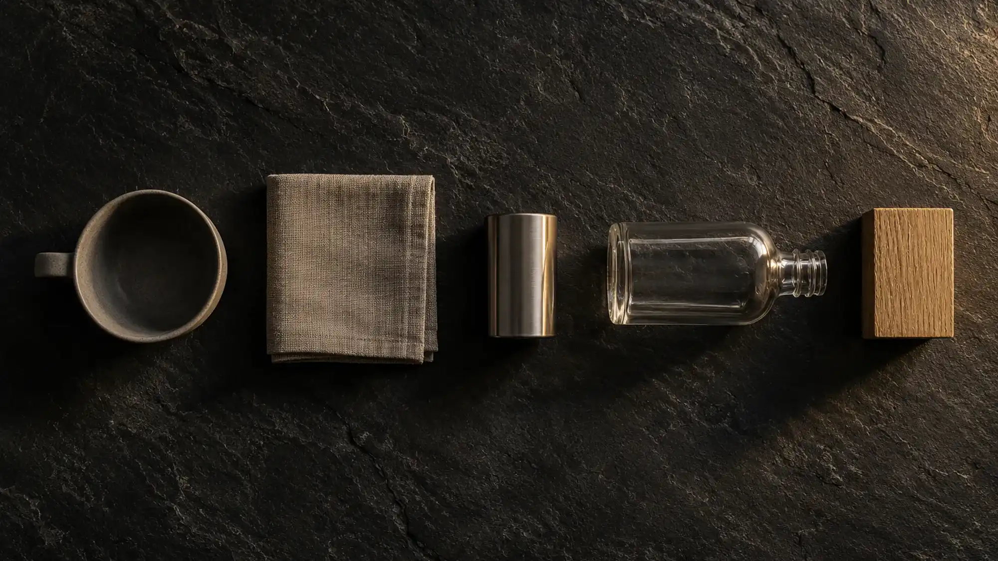 Unbranded products on dark slate: a ceramic cup, a linen swatch, a steel object, a glass bottle and a wooden block.
